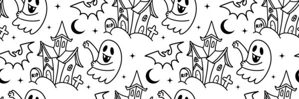 Halloween outline pattern. Cute haunted house and ghost. Halloween background with ghost and bat. For printing, wrapping paper, wallpaper, fabric. doodle illustration. vector