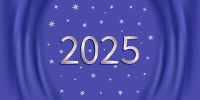 Happy New Year 2025 silver greetings. With unique and luxurious numbers. Blue background with fabric effect. Shimmering snowflakes. Greeting Card, Banner, Poster. Illustration. vector