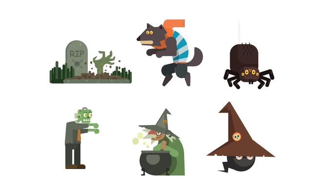 Halloween icons set, grave with tombstone, witch, spider, werewolf, zombie, design elements for a holiday Illustration