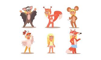 Girl in different masquerade costumes set, bat, squirrel, monkey, fox, duckling Illustration vector