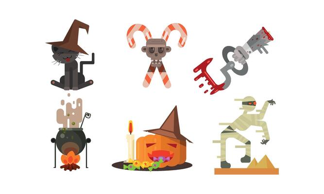 Halloween icons set, black cat in a witch hat, crossed candy canes, cauldron with potion, pumpkin, zombie, design elements for a holiday Illustration