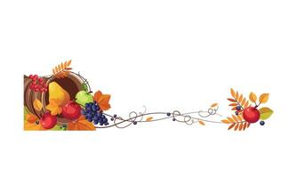Thanksgiving banner with cornucopia and space for text, autumn fruits and leaves Illustration vector