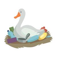 Swan sitting in the nest of plastic waste, global environmental problem, ecological disaster Illustration on a white background vector