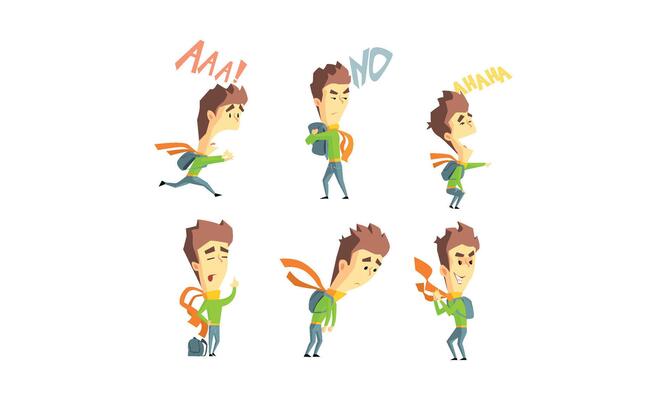 Young man showing different emotions set, guy with different facial expressions and poses Illustration