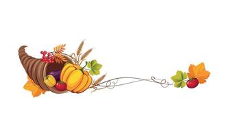 Thanksgiving banner with cornucopia and space for text, autumn vegetables and leaves Illustration vector