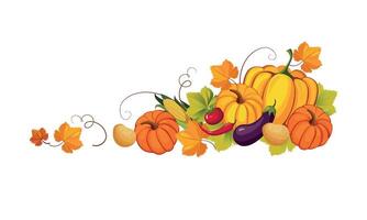 Thanksgiving banner with autumn vegetables and colorful leaves, border frame with space for text Illustration vector
