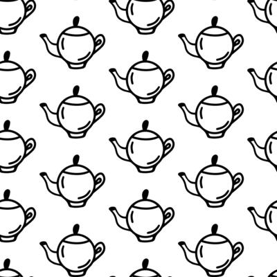 Teapot seamless pattern. Doodle pattern with teapots isolated on white background. Teapot wrapper and wallpaper for gift, caffe or restaurant decoration, tea's party. Concept International Tea Day