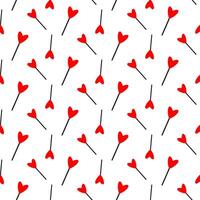 Hand drawn seamless pattern with Sweet lollipop in heart shape icon. Doodle red candy on the stick isolated on white background. Wrap for Valentines day, Xmas, New Year, Easter, Halloween, birthday vector