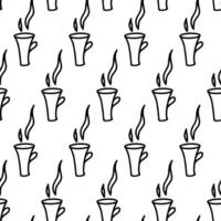 Hand drawn seamless pattern with cup of coffee, chocolate, cocoa, americano or cappuccino. Doodle mug isolated on white background. Adults and kids coloring page, coloring book, design for cafe vector
