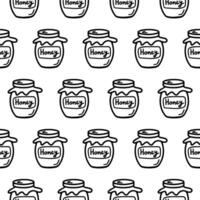 Jar of honey seamless pattern. Doodle pattern with jar of honey isolated on white. Jar of honey wrapper, wallpaper for caffe or restaurant decoration menu. Hand drawn Bee Honey outline coloring page vector