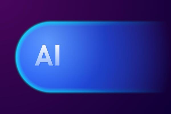 AI logo in abstract futuristic style on dark blue purple background.