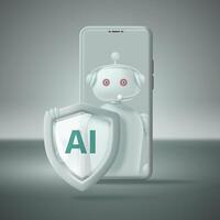 Artificial intelligence robot with shield on smartphone background for cyber security and data protection using AI. vector
