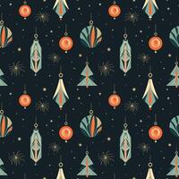 Winter Seamless Christmas pattern with glass tree toys in Art Deco style. Hand drawn festive repeating background with New Year decor. Modern Xmas ornament for design, wrapping paper, textile, card vector