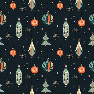 Winter Seamless Christmas pattern with glass tree toys in Art Deco style. Hand drawn festive repeating background with New Year decor. Modern Xmas ornament for design, wrapping paper, textile, card
