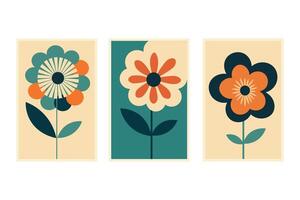 Flat Illustration with Posters with flowers in the style of the 60s. Vintage borders backgrounds with plants in a minimalist style for design, postcard, card, print, paper, wallpaper, banner vector