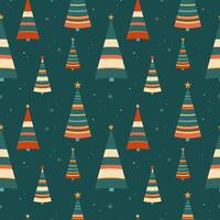Winter Seamless Christmas pattern in 60s style with Christmas tree and snow. Hand drawn festive repeating background with New Year decor. Minimalist Xmas ornament for wrapping paper, textile, card vector
