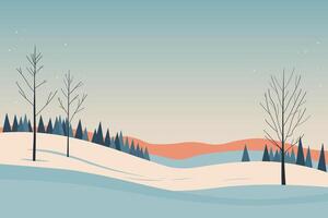 Winter landscape in 60s style. Background with snowy hills, fire and trees, nature motif for text. Wintered festive card for banner, poster, print, paper, web, congratulation with New Year vector