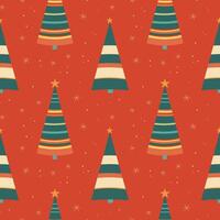 Winter Seamless Christmas pattern in 60s style with Christmas tree and snow. Hand drawn red festive repeating background with New Year decor. Minimalist Xmas ornament for wrapping paper, textile, card vector