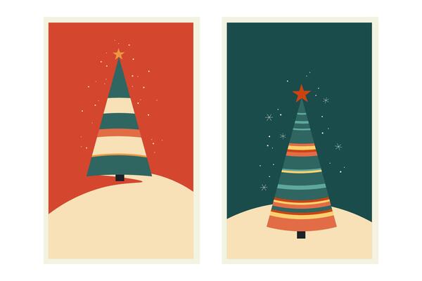 Winter abstract posters in 60s style with Christmas tree and snow for text. Hand drawn illustration, holiday motif, snowy landscape. Minimalist card design for template, print, decor, paper