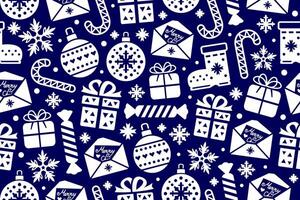 Blue and white seamless Christmas pattern. New Year repeating pattern wit candy, gift boxes, snowflakes, Christmas balls and letters. vector