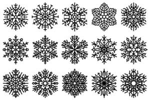 Line art snowflakes decorative design elements. Abstract symmetric snow flake patterns set. vector