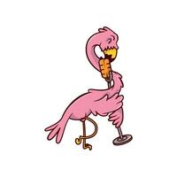 Pink flamingo singing song with retro microphone. Humanized tropical bird. Exotic creature. Cartoon icon vector