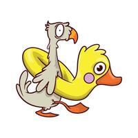 Funny tropical bird with inflatable rubber in shape of yellow duck. Cartoon character. Beach vacation. design vector