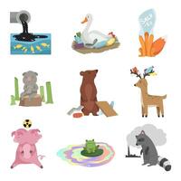 Global environmental problems set, pollution of water, earth, deforestation, destruction of animals, ecological disasters Illustration vector