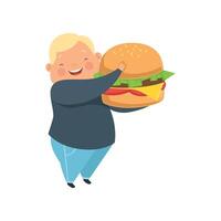 Overweight boy with a huge burger, cute chubby child cartoon character Illustration on a white background. vector