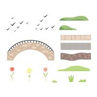 Park architectural landscape constructor design elements, plants, stone path, bridge, birds Illustration vector