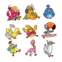 set of different tropical birds in different actions. Exotic humanized creatures. Funny cartoon characters vector