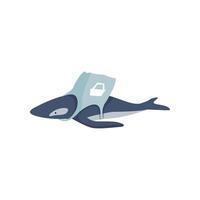 Whale entangled in a bag made of plastic, global environmental problem, ecological disaster Illustration on a white background vector