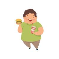 Overweight boy with hamburger and soda drink, cute chubby child cartoon character Illustration on a white background vector