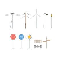 Light posts, traffic signs, direction pointers, fences, windmill, collection of city street landscape design elements Illustration vector
