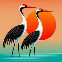 Majestic Cranes with Sun in the Background - Two cranes in the background of the sun. illustration. vector