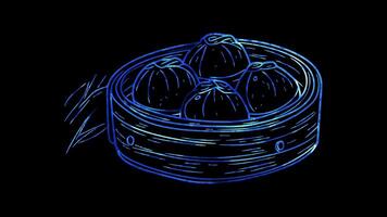 Neon frame effect, Bamboo Steamer - Symbolizes Asian cooking methods on black background video