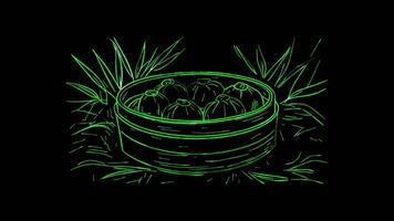 Neon frame effect, Bamboo Steamer - Symbolizes Asian cooking methods on black background video