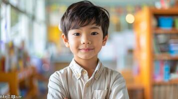 Portrait of cute asian boy smiling and looking at camera. photo