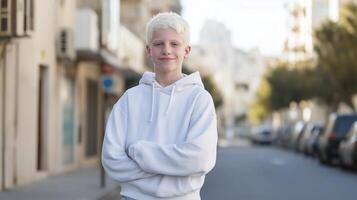 Portrait of a Smiling Teenage Boy with Albinism in an Urban Setting, Concept of Diversity and Inclusion, Suitable for Awareness Campaigns and Educational Materials photo