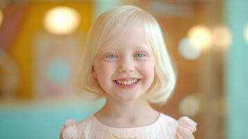 Bright Smiling Albino Young Girl in a Soft Pastel Setting with Bokeh Lights Perfect for Diversity Representation in Stock Photography photo