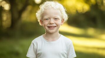 Young Polish Boy with Albinism in Nature Setting, Smiling Cheerfully, Outdoor Portrait, Summer Day Scene photo