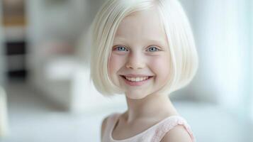 Smiling Young Albino Girl with Blonde Hair, Blue Eyes in Bright Indoor Setting Portrait for Diversity and Inclusion Projects photo