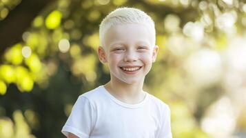 Smiling Young Italian Albino Boy in White Tshirt Outdoors on a Sunny Day with Greenery photo
