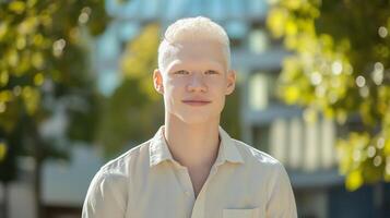 Young South Asian Man with Albinism in a Park Setting During Daytime, Highlighting Diversity and Inclusion photo