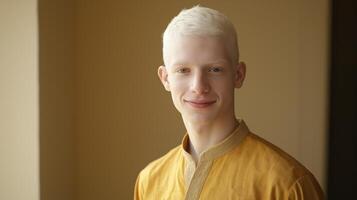Young Pakistani Albino Man Smiling in Traditional Golden Attire, Suitable for Cultural Representation and Diversity Elements in Design photo