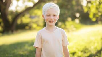 Bright Summer Day Outdoors with Smiling British Albino Boy in Nature Setting, Perfect for Holiday Design, Card, Poster photo