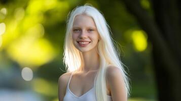 Ethereal Beauty of a Young Albino Woman in a Serene Outdoor Setting, Ideal for Stock Photography and Digital Media Use photo