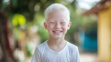 Central Asian Boy with Albinism, Smiling Outdoors, Showcasing Joy and Innocence, Perfect for Diversity and Inclusivity Campaigns photo