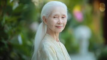 Elegant Elderly Albino Indonesian Woman in Traditional Attire Posing in Lush Green Garden Background for Cultural and Diversity Representation photo