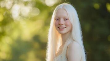 Radiant Young Albino Woman Smiling in a Sunlit Natural Setting, Perfect for Diversity Campaigns, Posters, and Inspirational Designs photo